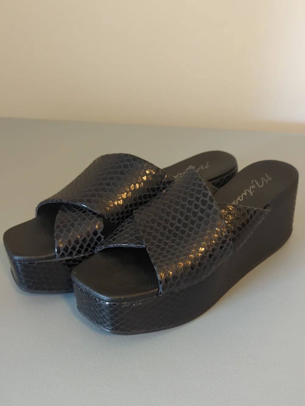 Matisse Platform Slide Sandals in Black Snakeskin
